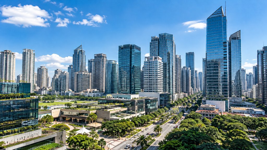 フィリピンの国際ビジネス街と高層オフィスビル
