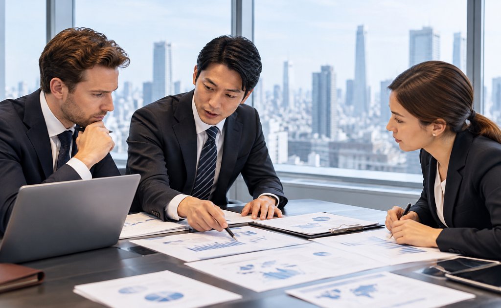 海外取引先の担当者が書類や企業情報を確認するイメージ